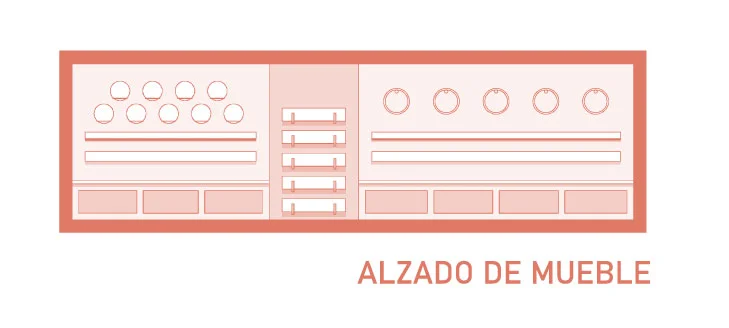 Estudio Balance — alzado de mueble Alzado del mueble de almacenamiento del estudio Balance con repisas, esferas decorativas y cajones
