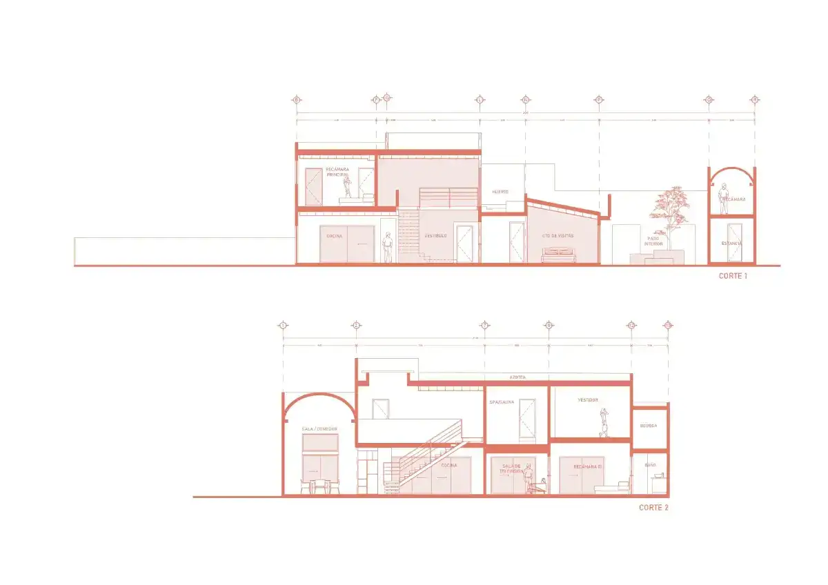 Cortes arquitectónicos de Casa Sagrado Corazón mostrando la distribución de niveles, El Campanario, Querétaro
