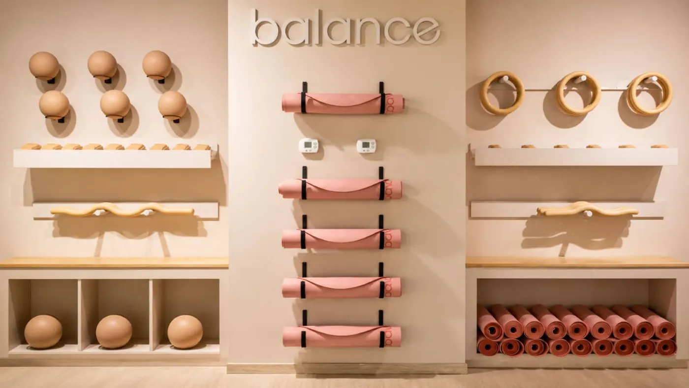 Balance — muro de accesorios y letrero del estudio en Querétaro Muro de accesorios de Balance con tapetes de yoga enrollados y letrero luminoso del estudio en Querétaro