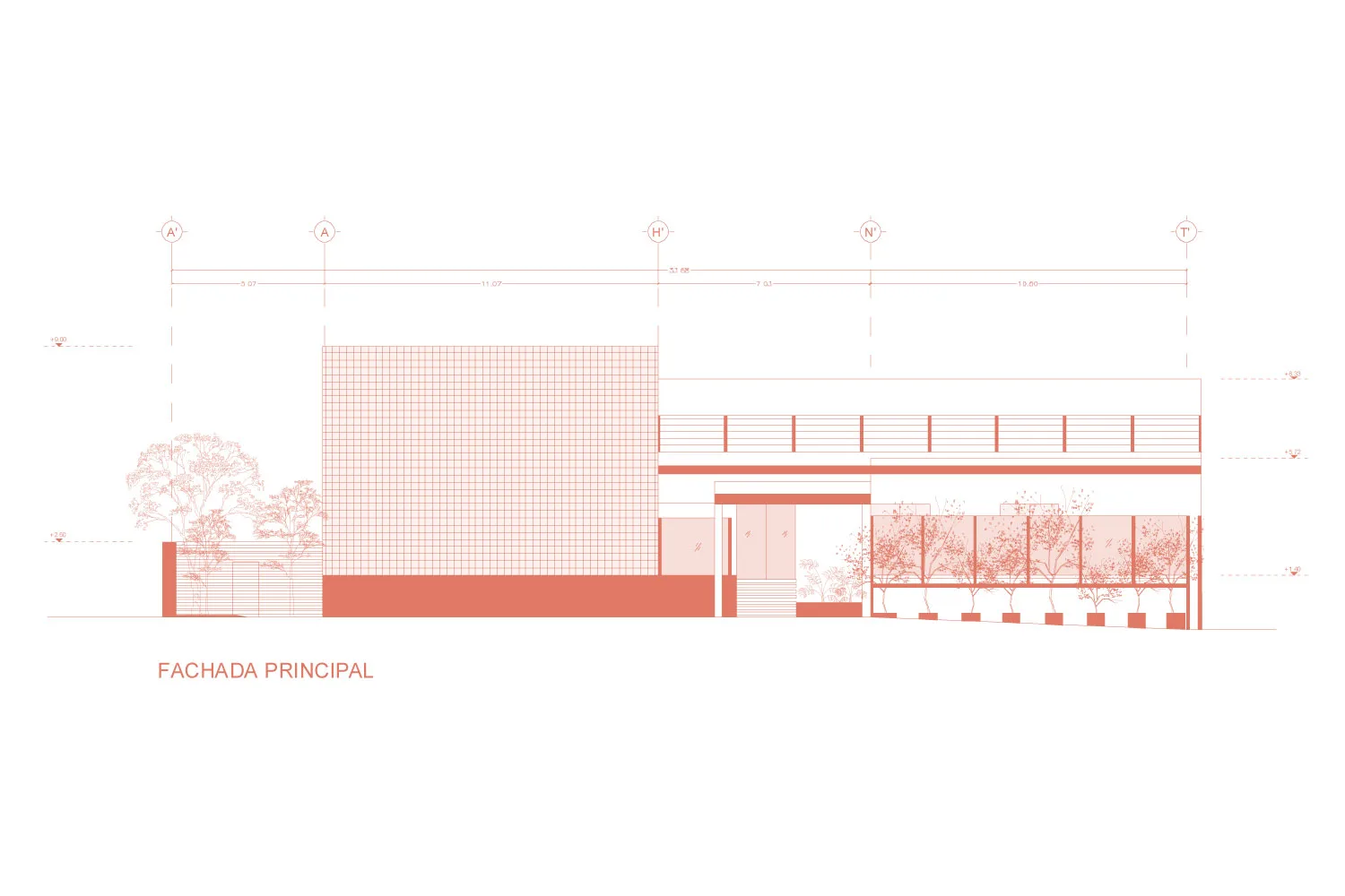 Casa Silva — fachada principal Alzado de la fachada principal de Casa Silva restaurante en Querétaro con cotas, muro reticular y terraza arbolada