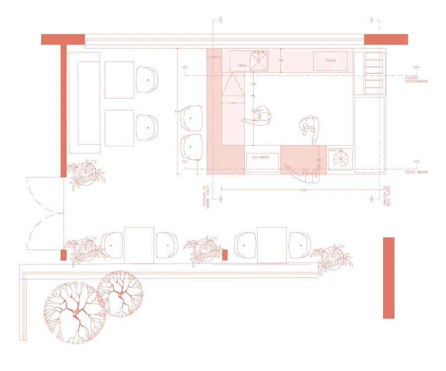Planta arquitectónica de la panadería Pan de Lucio en Querétaro con barra en L, contrabarra, mesas y terraza