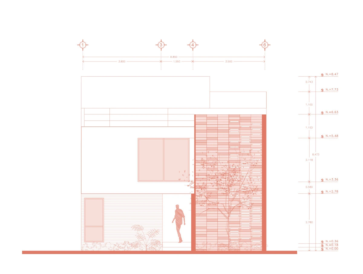 Casa Moro — plano arquitectónico de fachada Plano arquitectónico con cotas y niveles de la fachada de Casa Moro en Biogrand Juriquilla, Querétaro