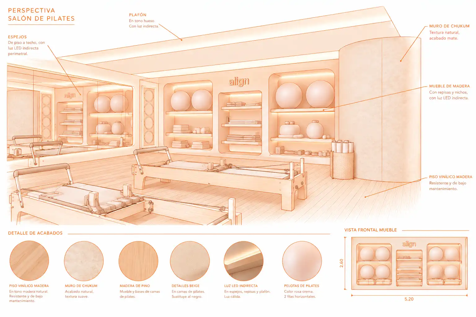 Perspectiva del salón de pilates Align con detalle de acabados: piso vinílico, muro de chukum, madera de pino y luz LED indirecta
